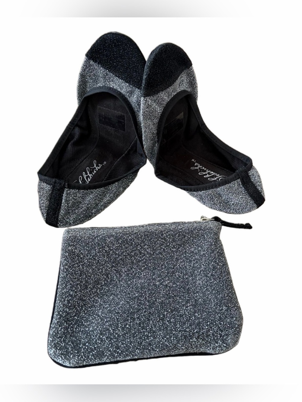 SIDEKICKS Silver Glitter Purse-Packable Ballet Flats & Matching Wristlet NWOTs